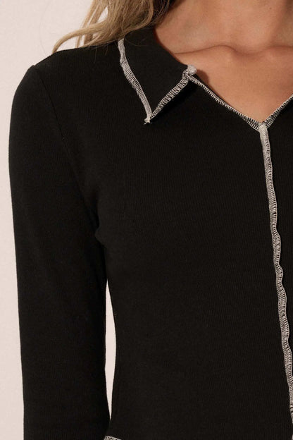 Sew Into You Contrast Stitch Collared Rib-Knit Top