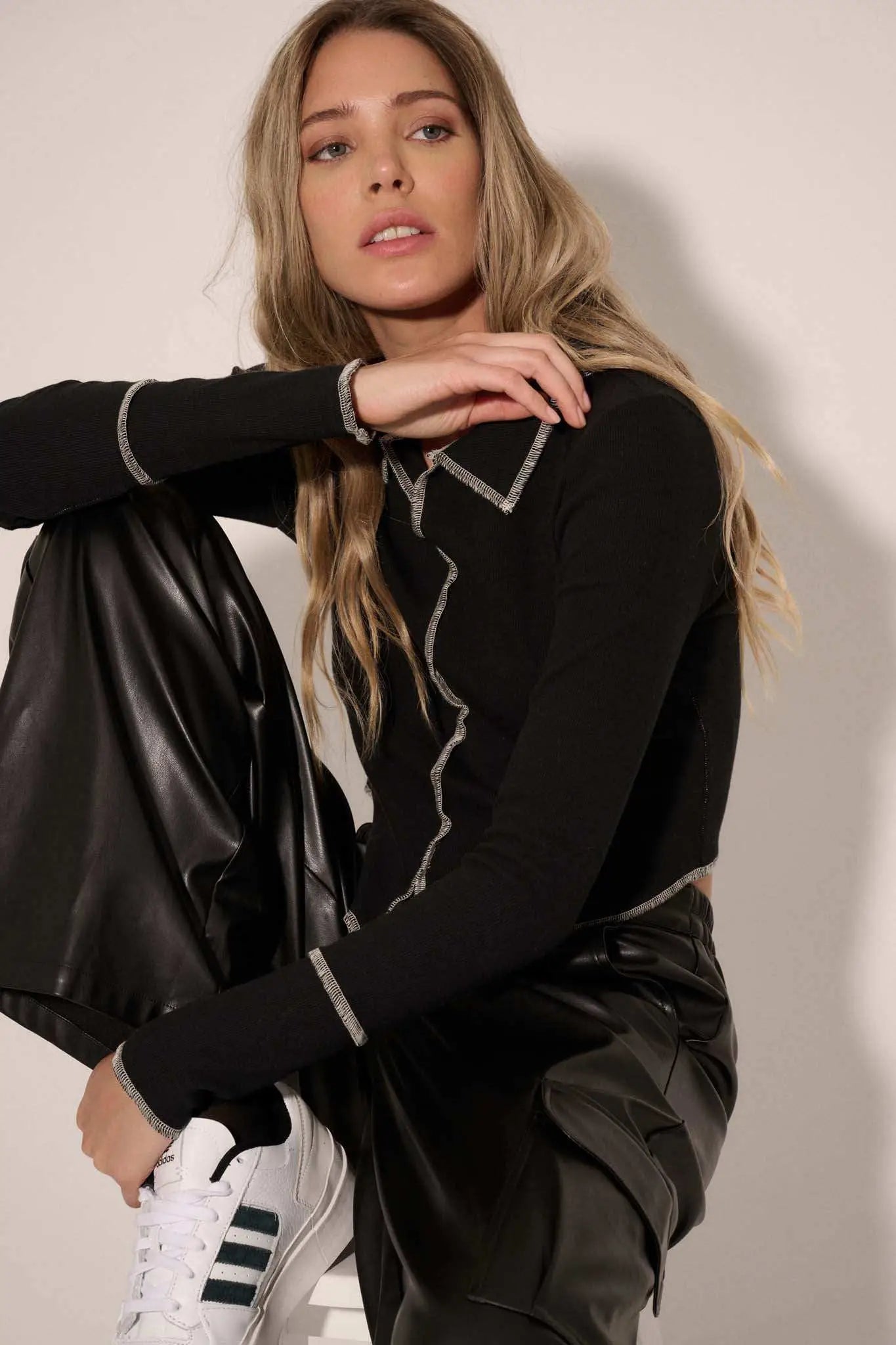 Sew Into You Contrast Stitch Collared Rib-Knit Top