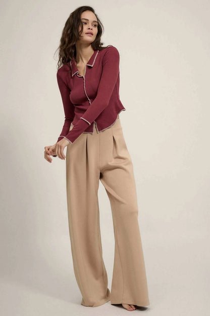 Sew Into You Contrast Stitch Collared Rib-Knit Top