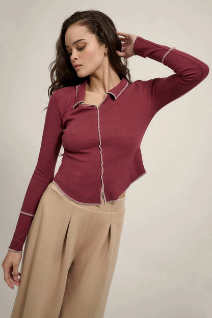 Sew Into You Contrast Stitch Collared Rib-Knit Top