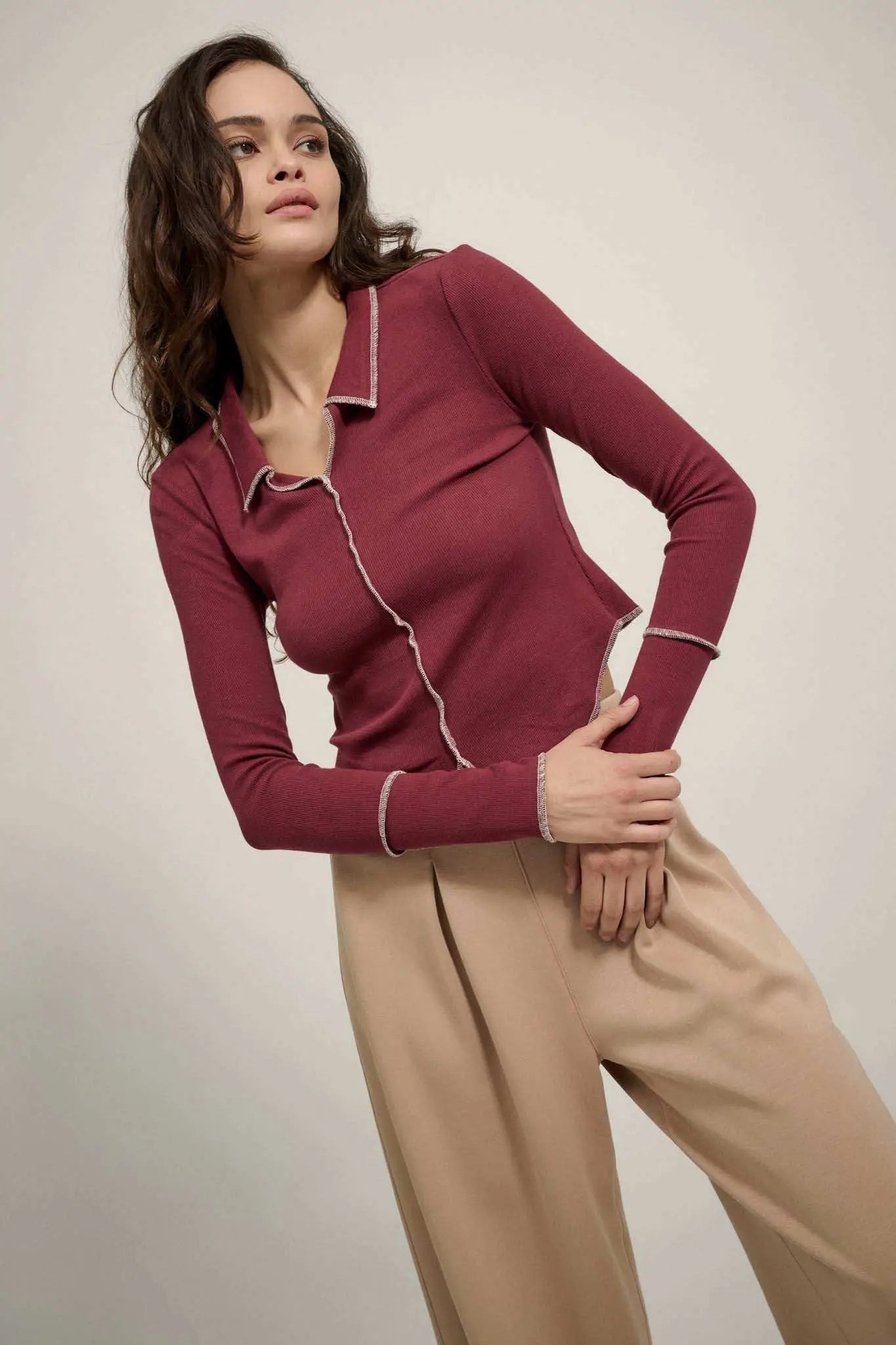 Sew Into You Contrast Stitch Collared Rib-Knit Top