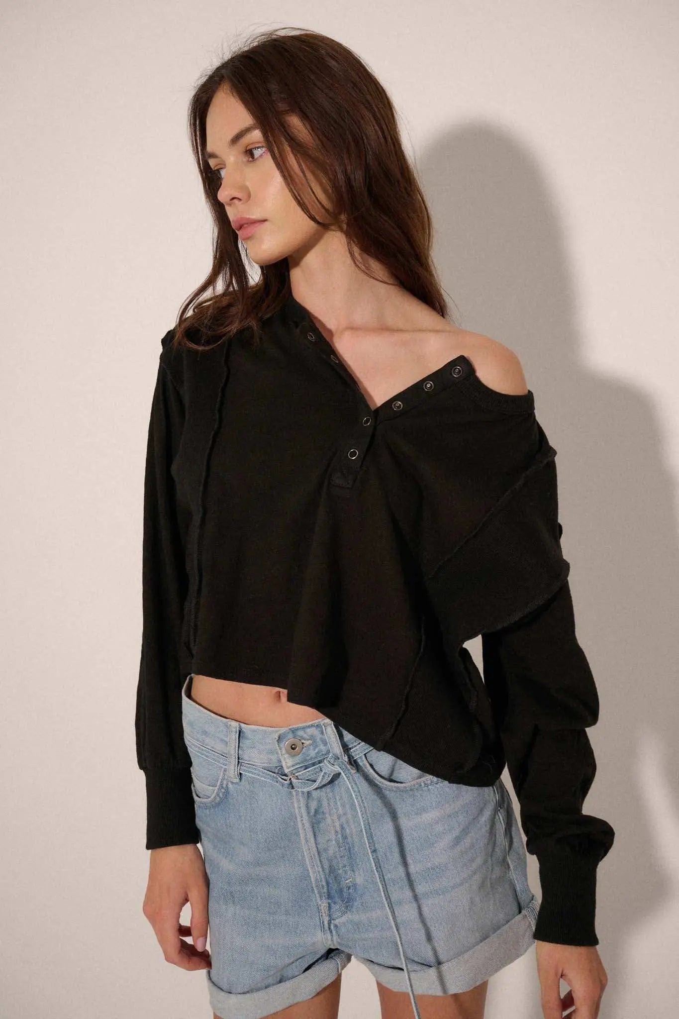 Easy Fit Cotton Slub and Rib-Knit Henley Top