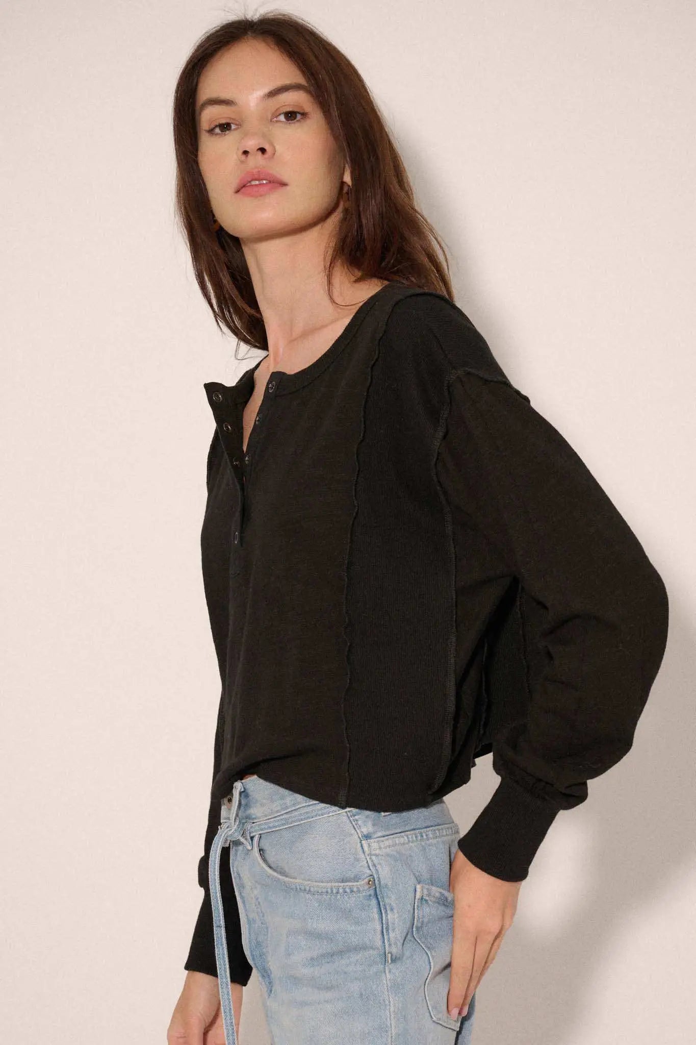 Easy Fit Cotton Slub and Rib-Knit Henley Top