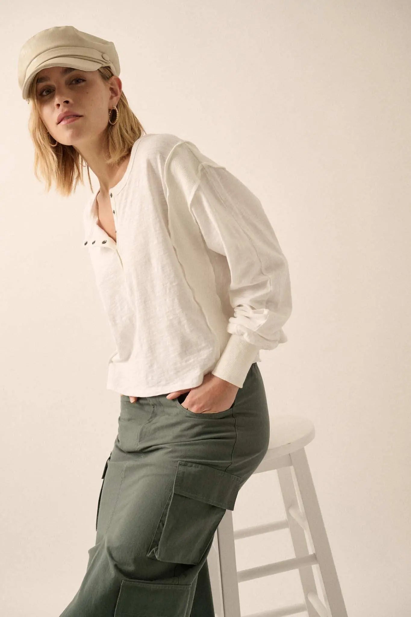 Easy Fit Cotton Slub and Rib-Knit Henley Top