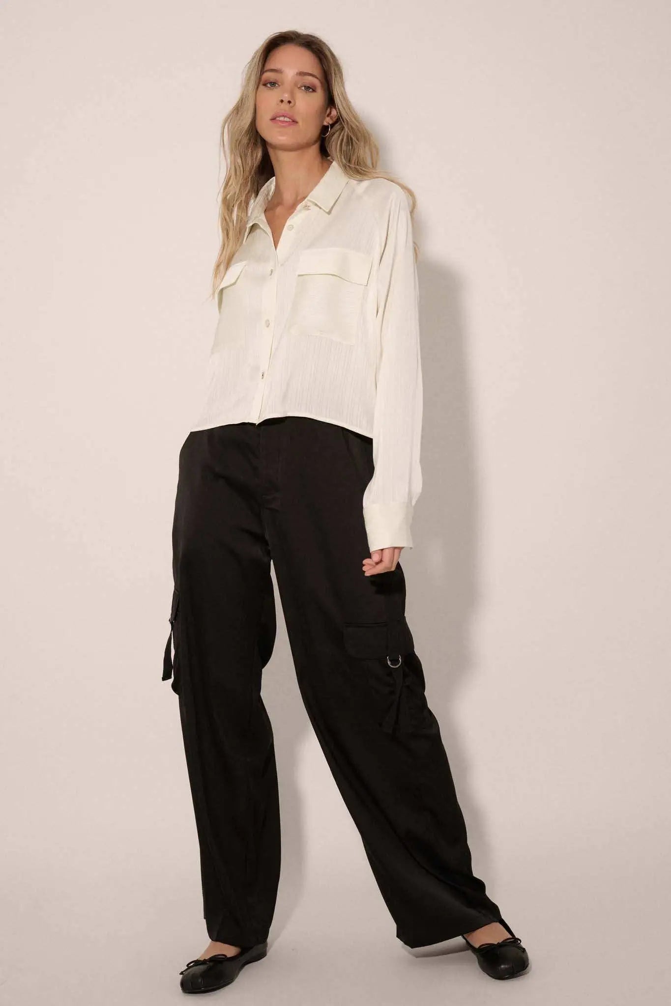 Silken Soul Striped Satin Button-Up Pocket Shirt