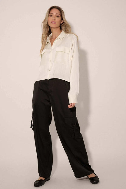 Silken Soul Striped Satin Button-Up Pocket Shirt