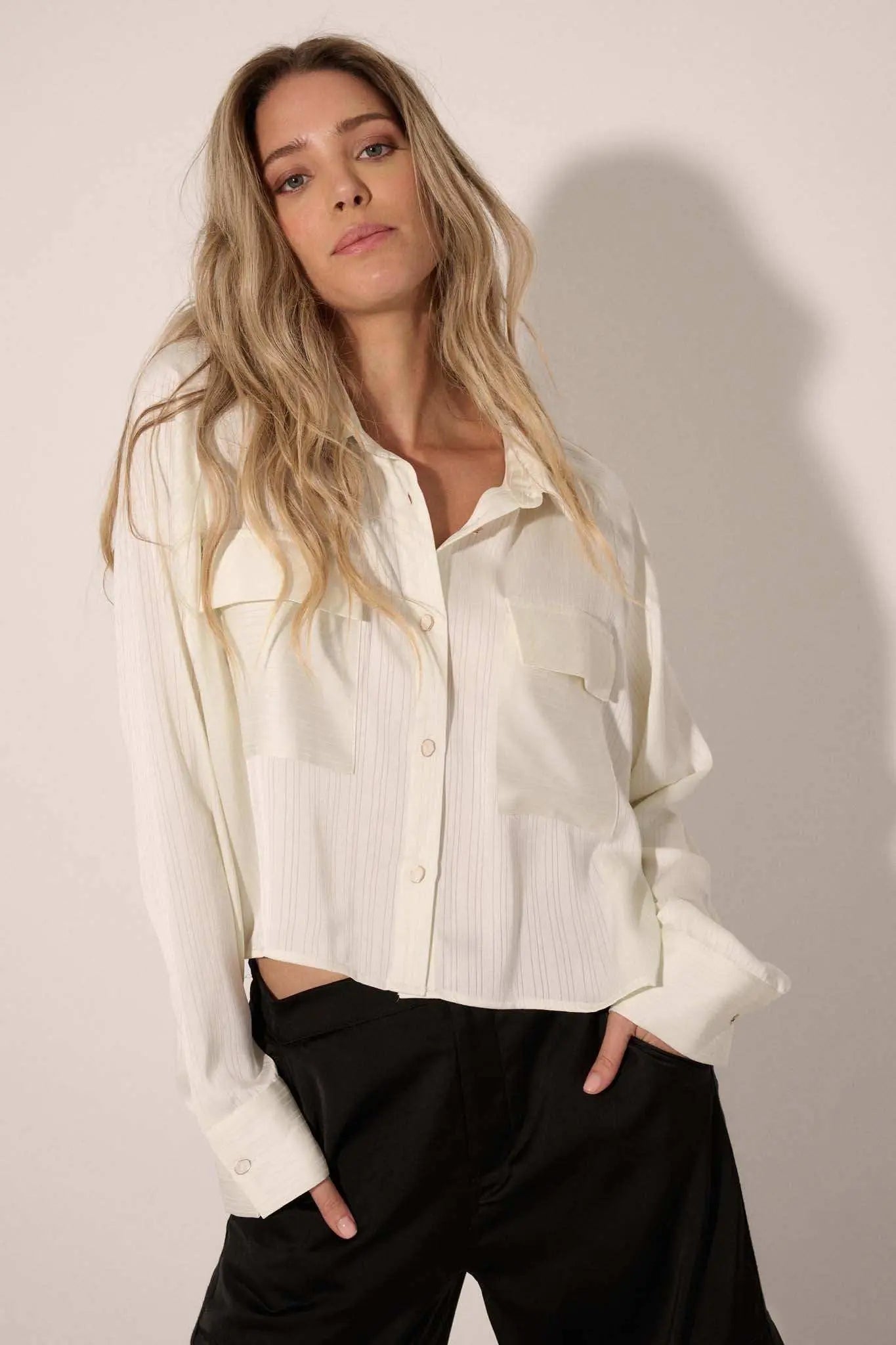 Silken Soul Striped Satin Button-Up Pocket Shirt