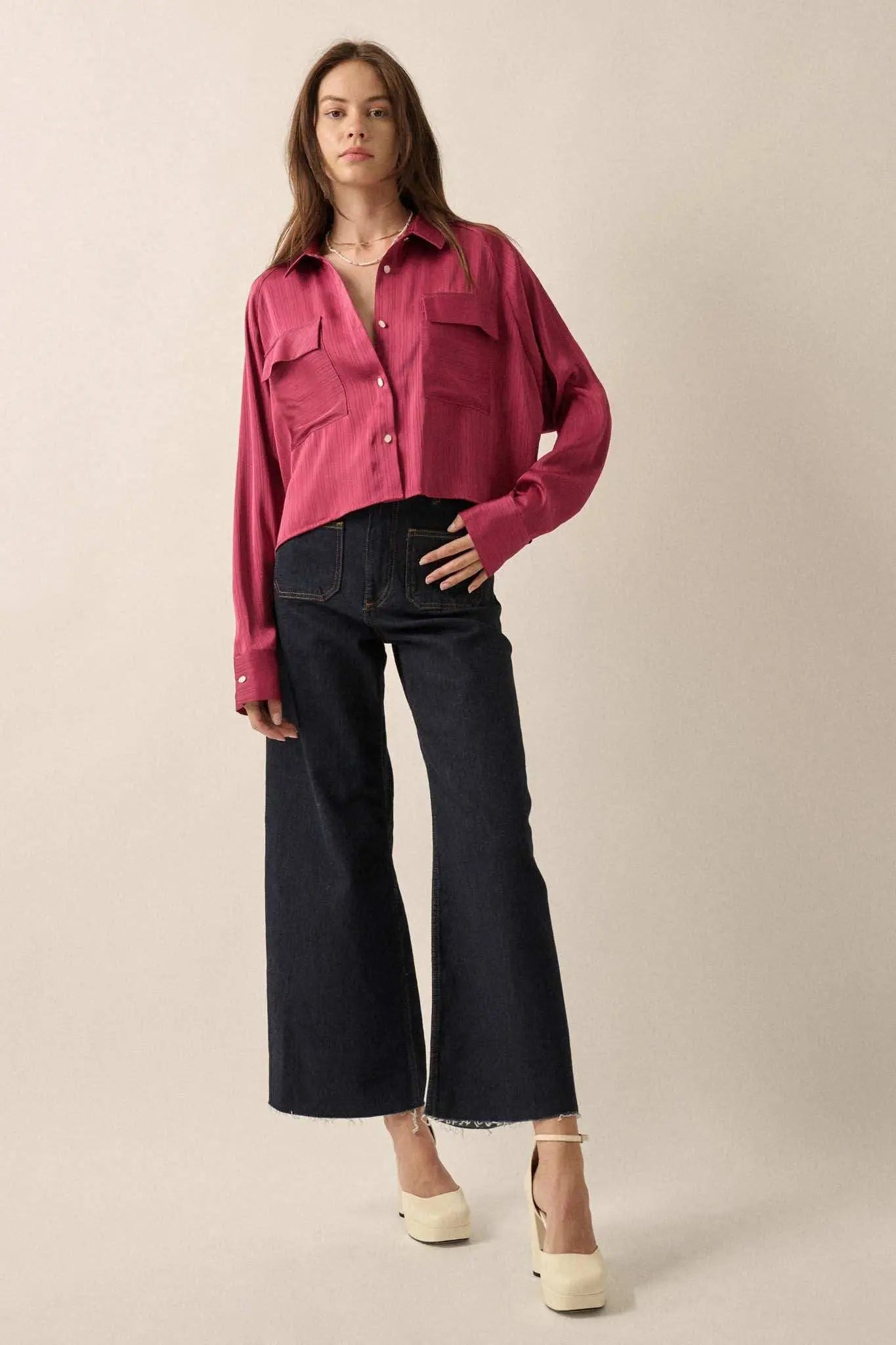 Silken Soul Striped Satin Button-Up Pocket Shirt