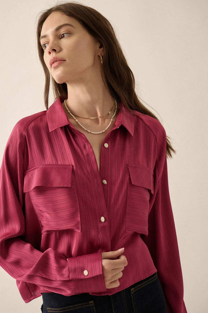 Silken Soul Striped Satin Button-Up Pocket Shirt