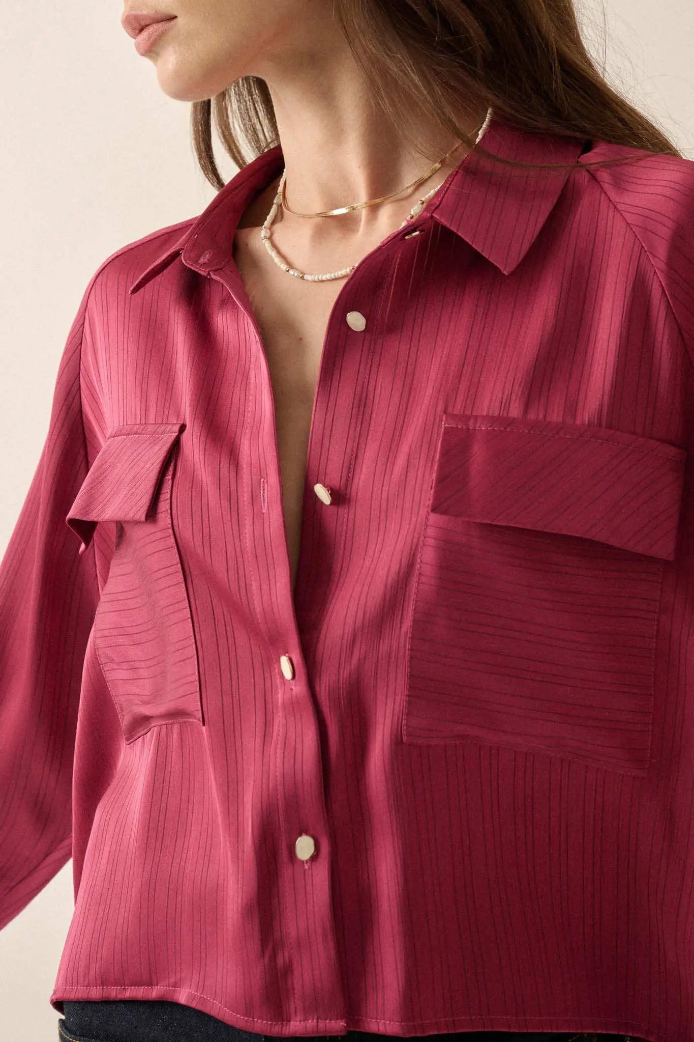 Silken Soul Striped Satin Button-Up Pocket Shirt