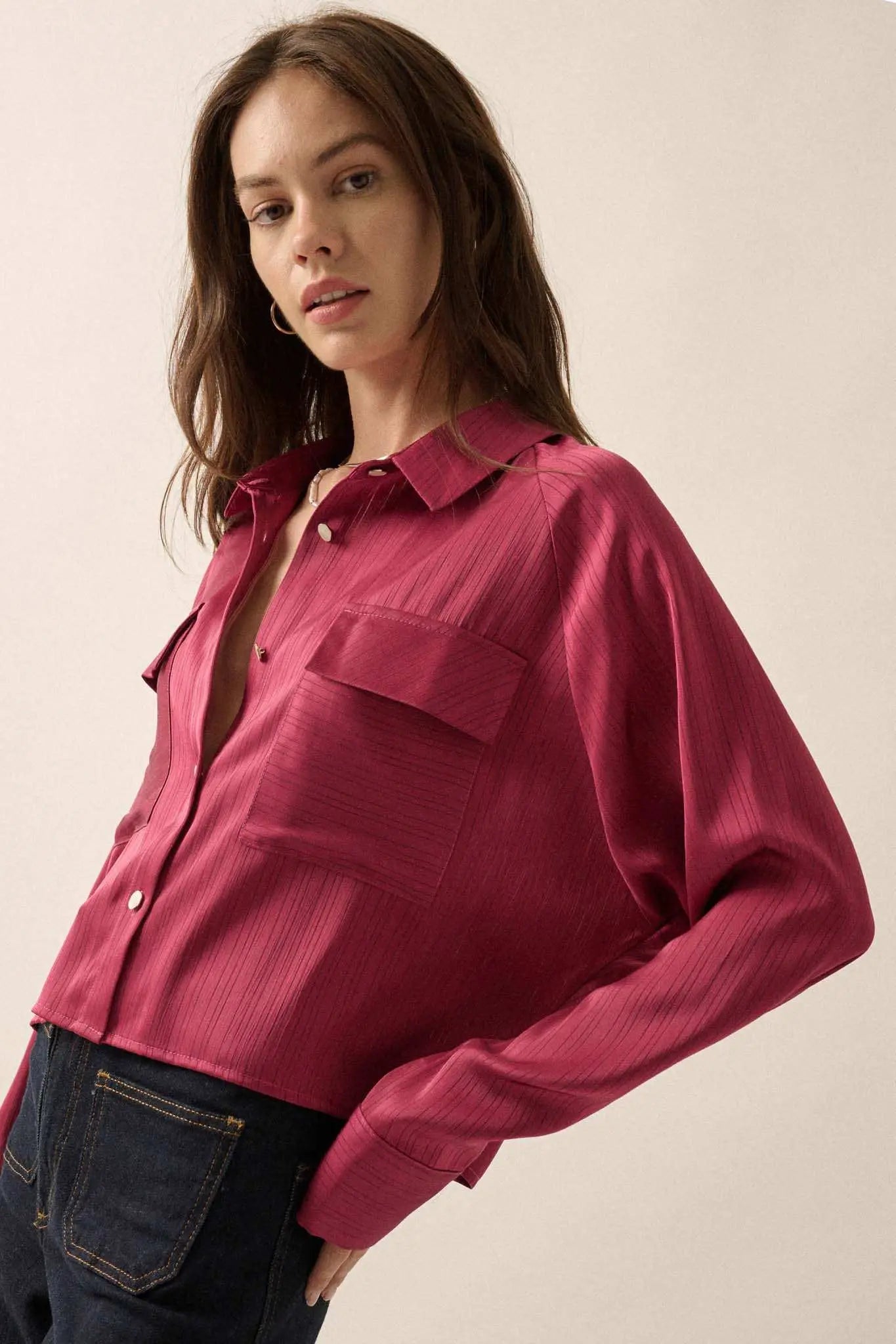 Silken Soul Striped Satin Button-Up Pocket Shirt