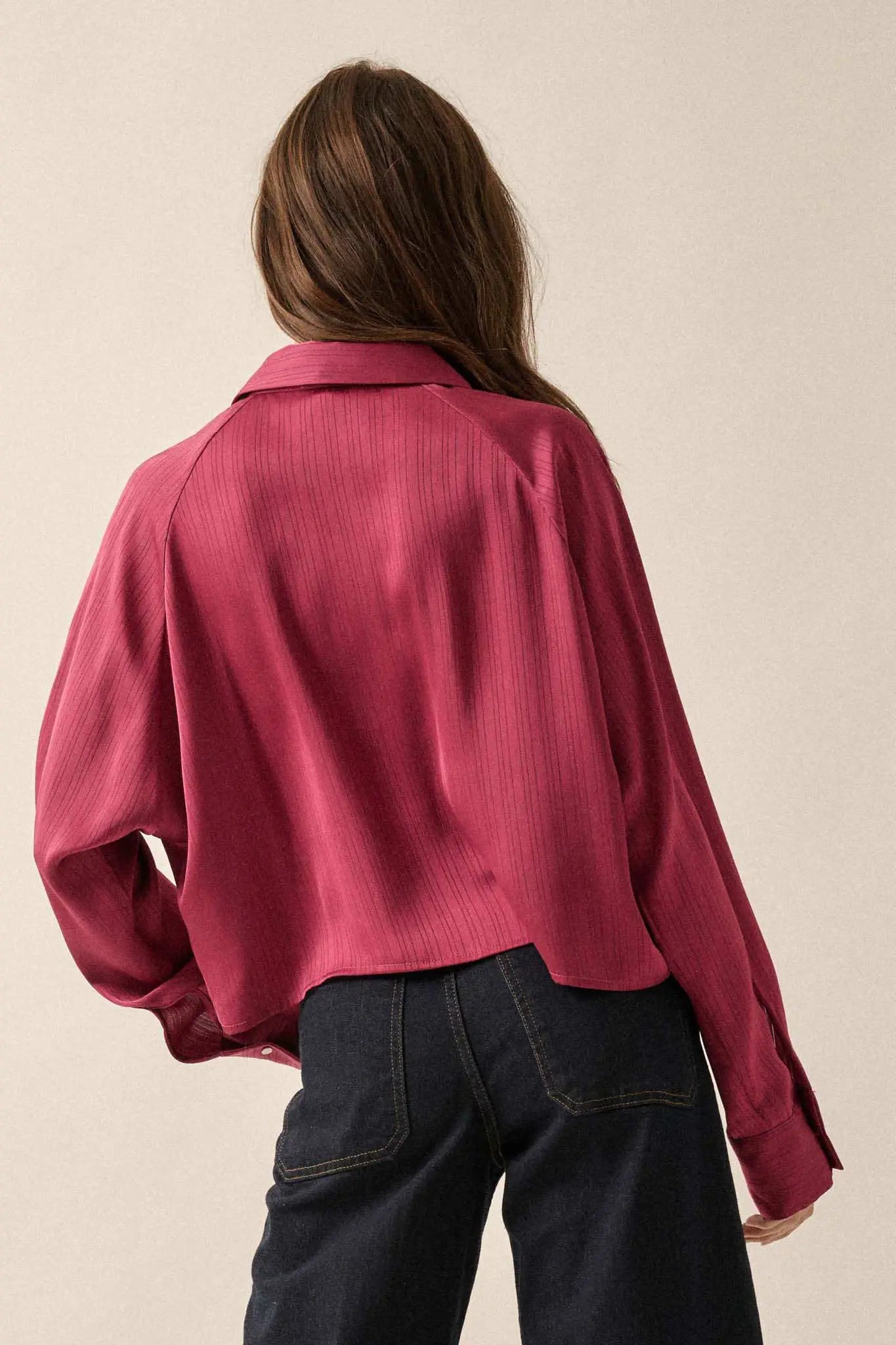 Silken Soul Striped Satin Button-Up Pocket Shirt