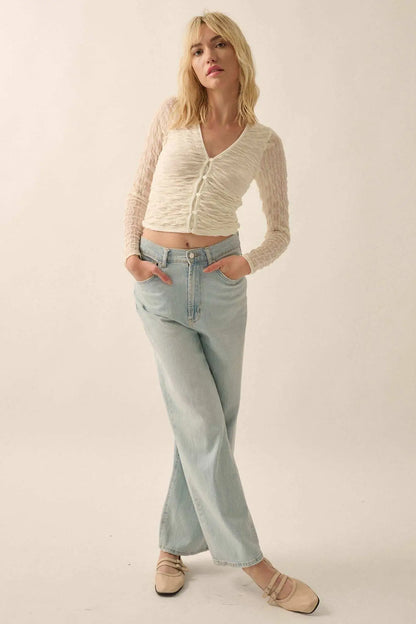 Any Which Wave Ruched Mesh Button-Front Top