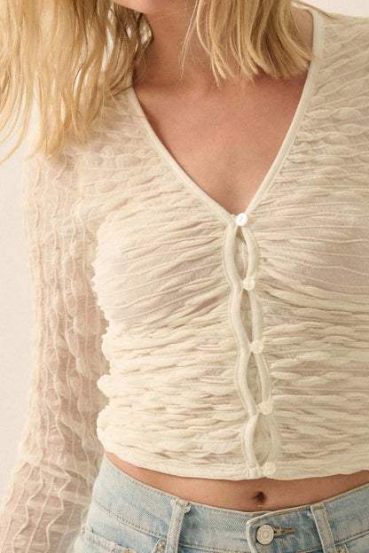 Any Which Wave Ruched Mesh Button-Front Top