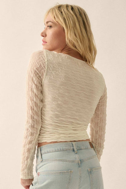 Any Which Wave Ruched Mesh Button-Front Top