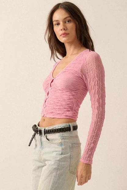 Any Which Wave Ruched Mesh Button-Front Top