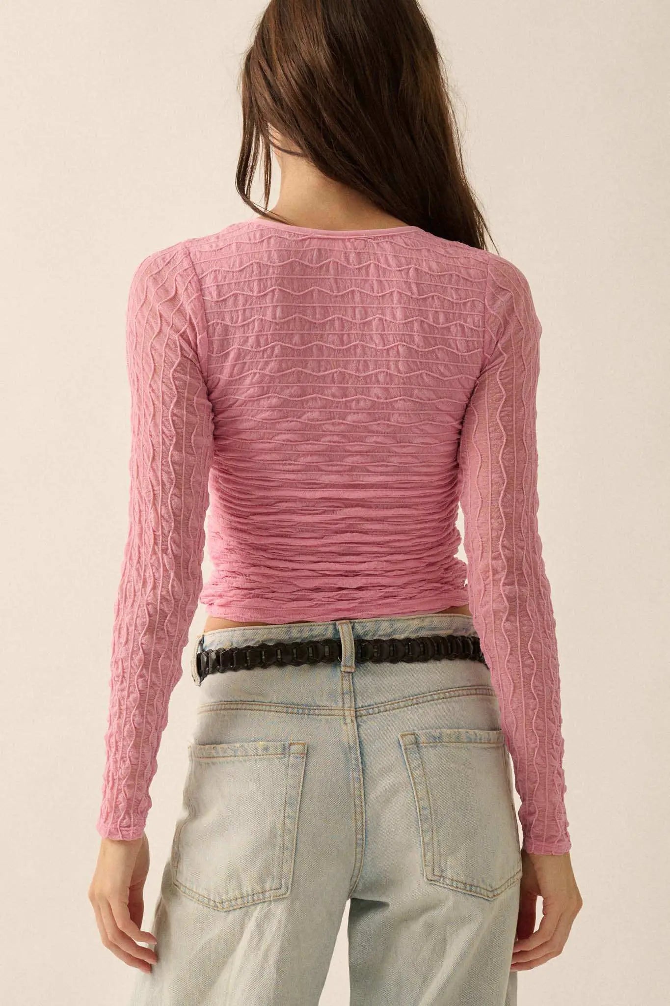 Any Which Wave Ruched Mesh Button-Front Top