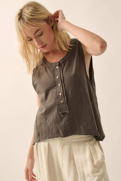 Easy Fit Cotton Slub Half-Button Henley Tank Top
