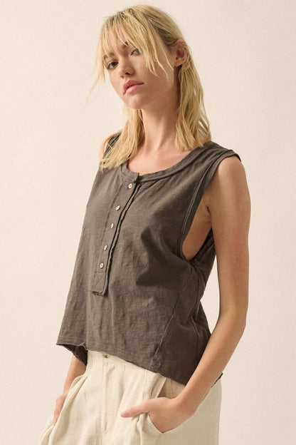 Easy Fit Cotton Slub Half-Button Henley Tank Top