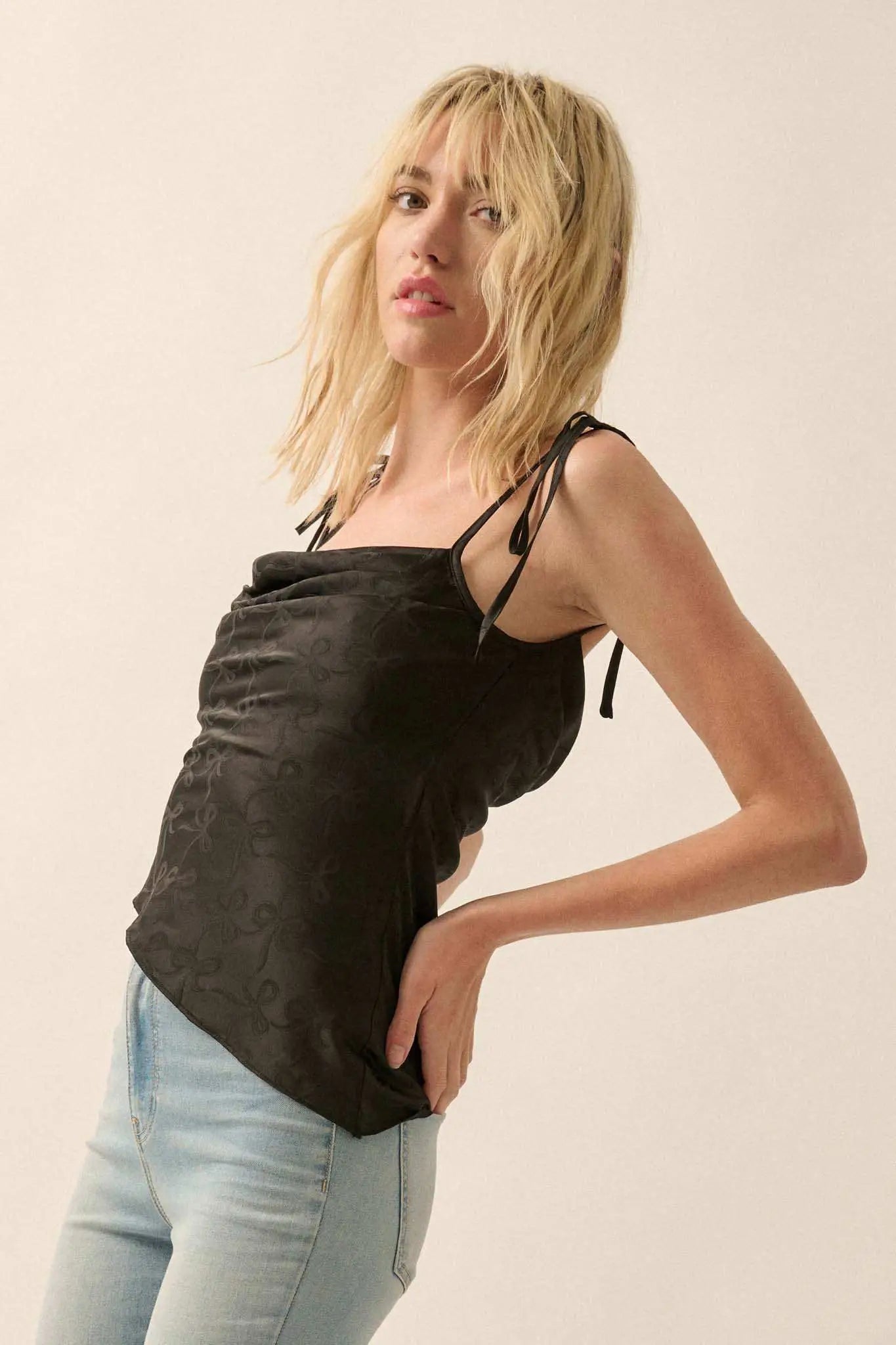 Bow Down Satin Jacquard Asymmetrical Cami Top