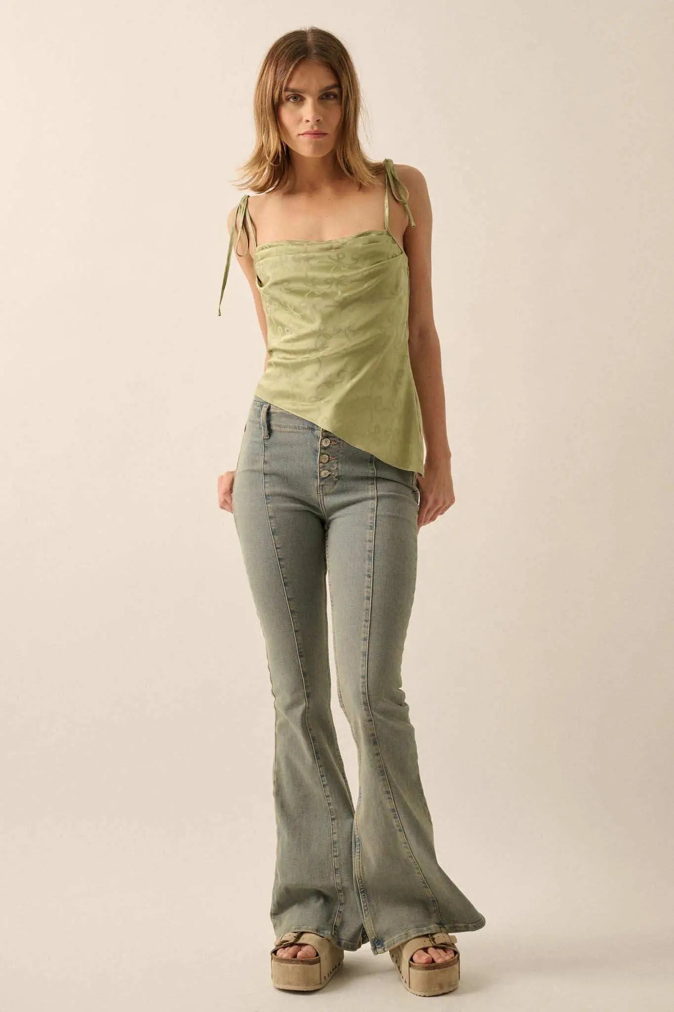 Bow Down Satin Jacquard Asymmetrical Cami Top