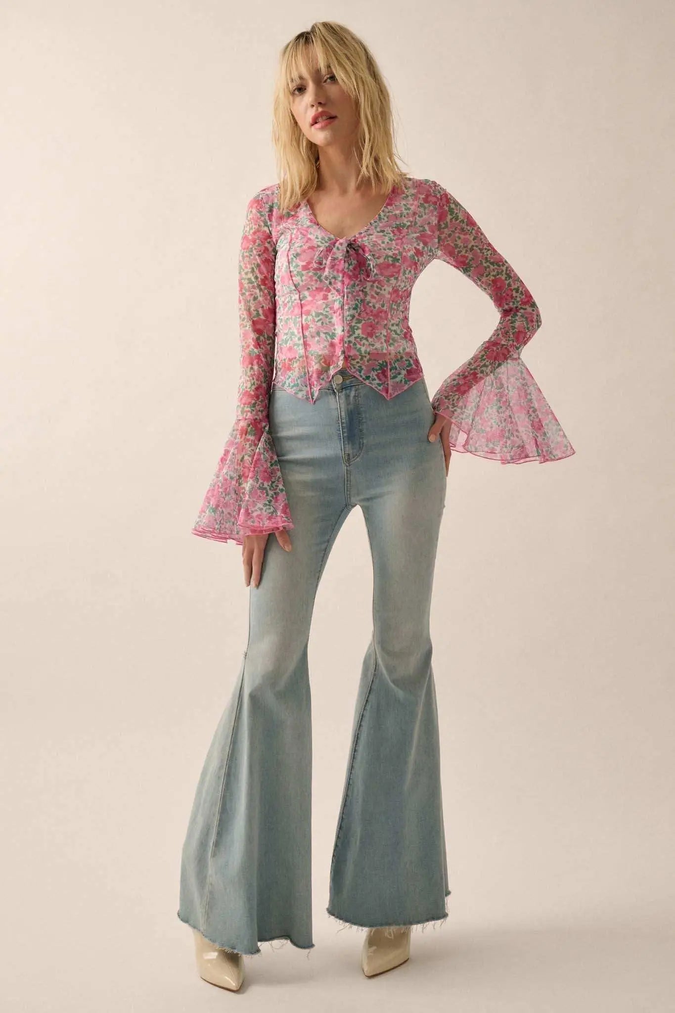 Fabulous Flowers Floral-Print Mesh Bell-Sleeve Top
