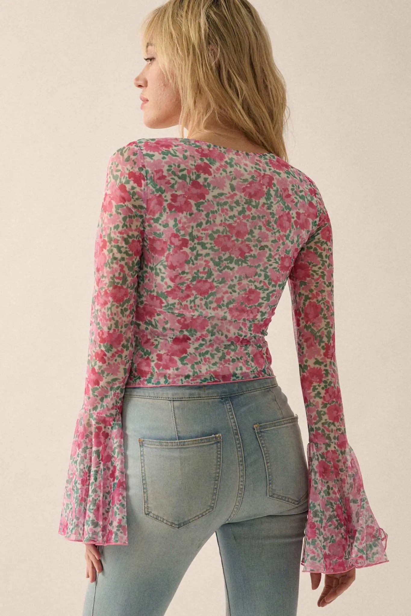 Fabulous Flowers Floral-Print Mesh Bell-Sleeve Top