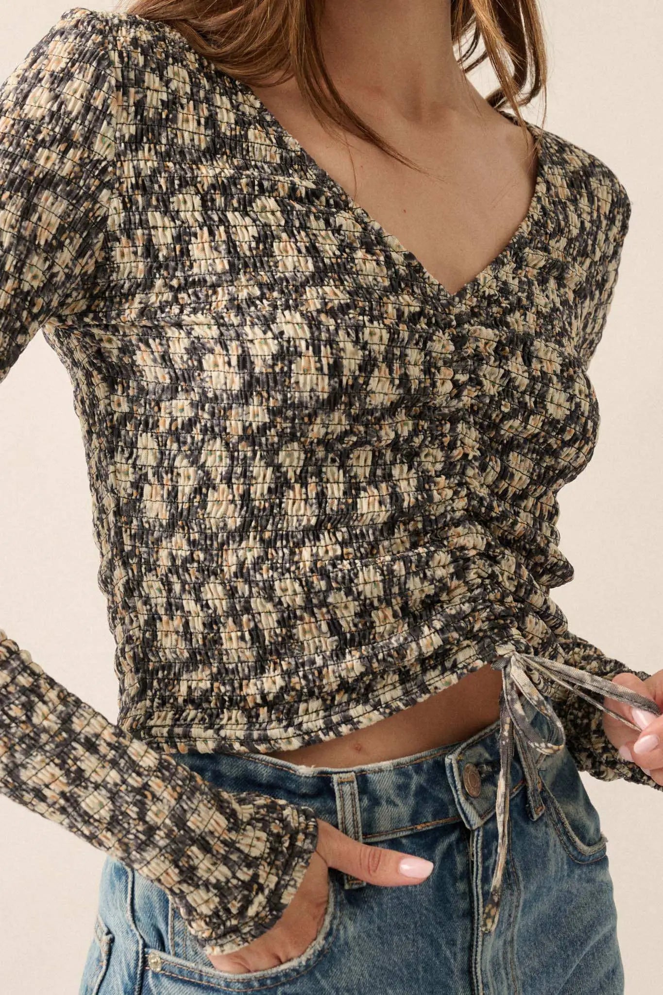 Bloom Boom Smocked Floral Mesh Drawstring Top
