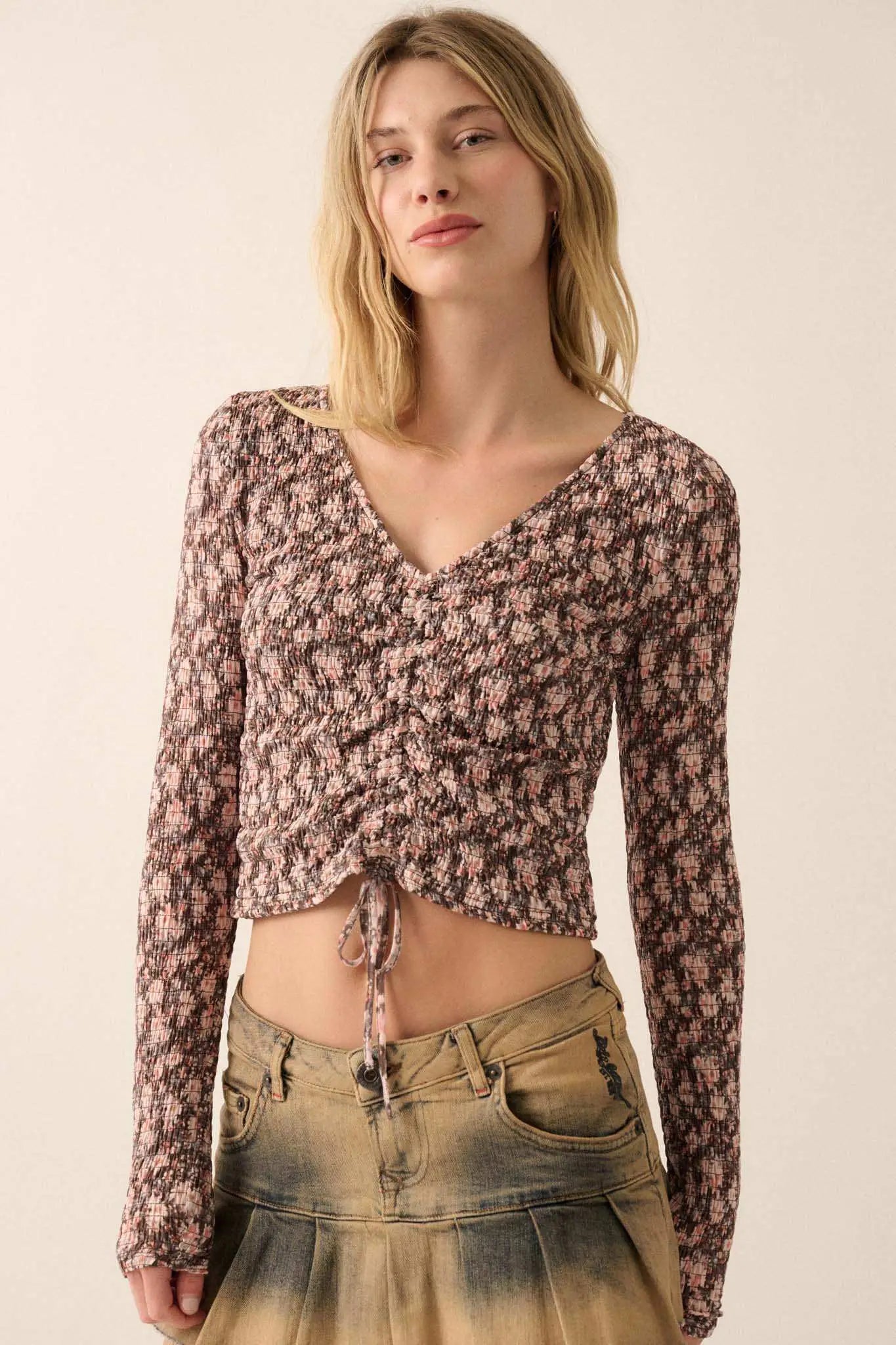 Bloom Boom Smocked Floral Mesh Drawstring Top
