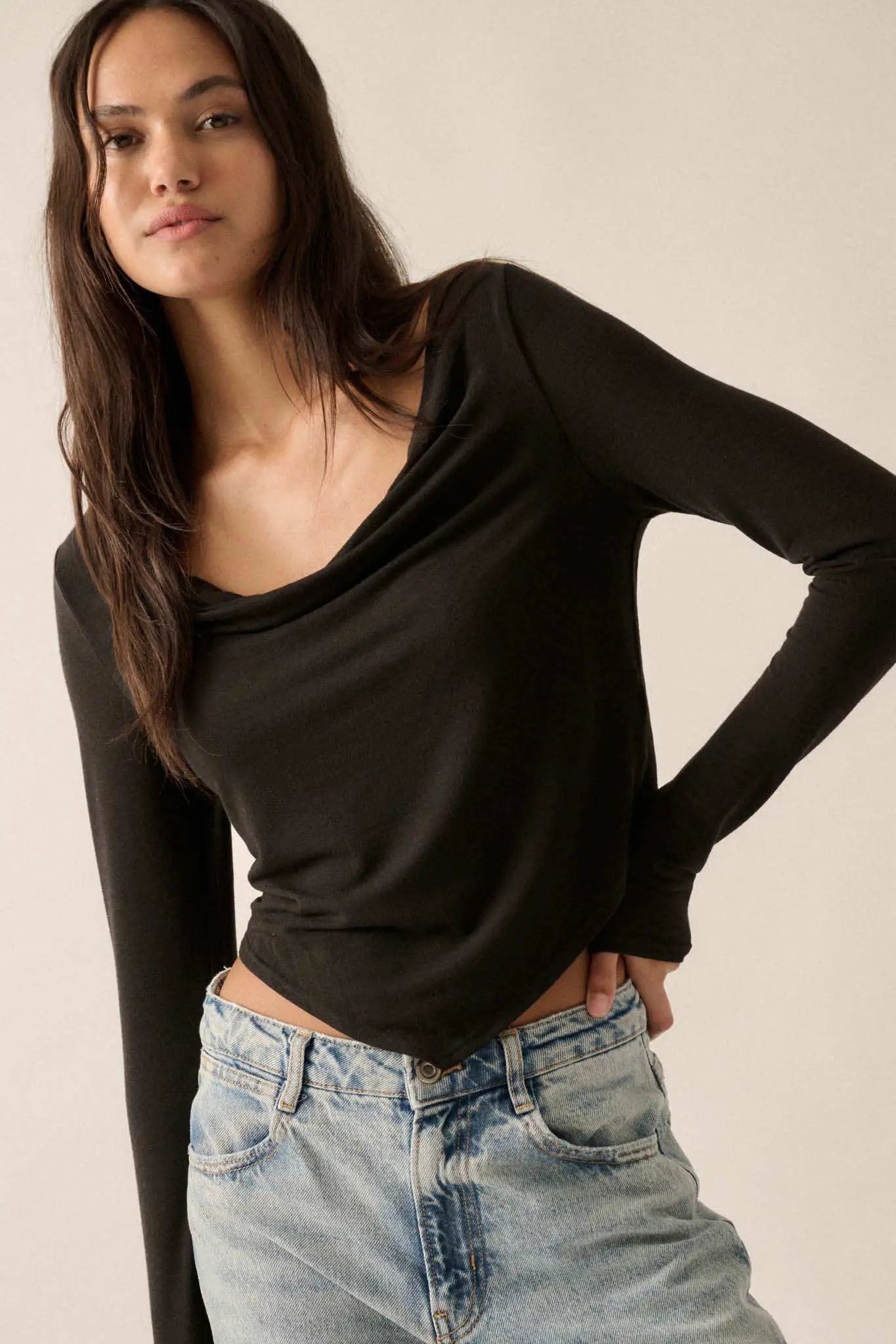 Over and Over Cowl Neck Bandana-Hem Baby Rib Top