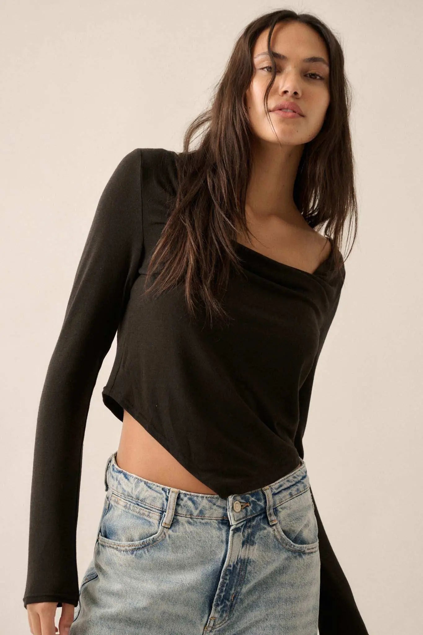 Over and Over Cowl Neck Bandana-Hem Baby Rib Top