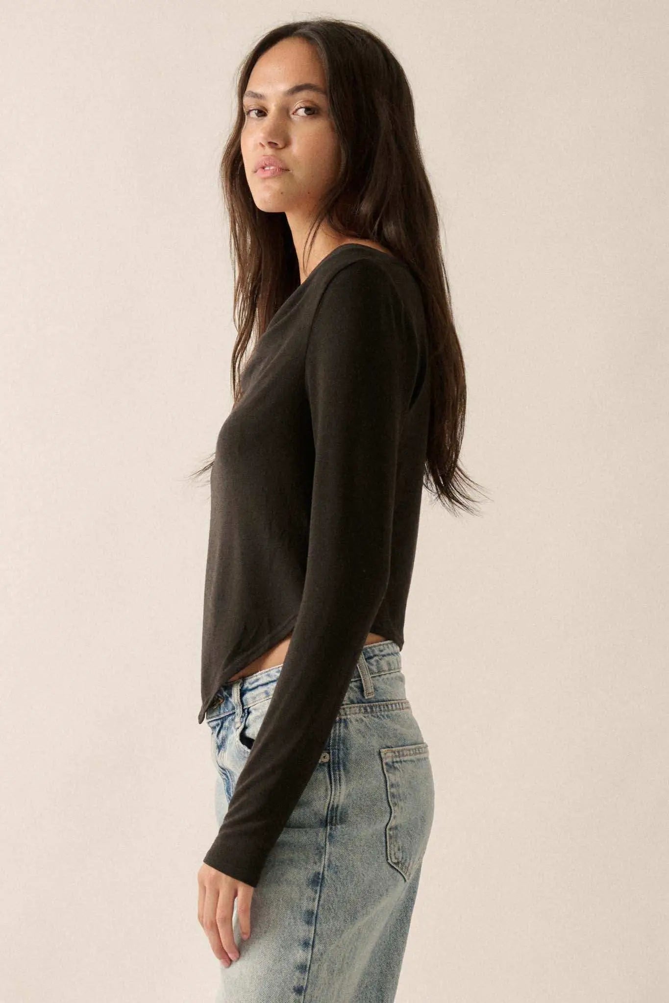 Over and Over Cowl Neck Bandana-Hem Baby Rib Top