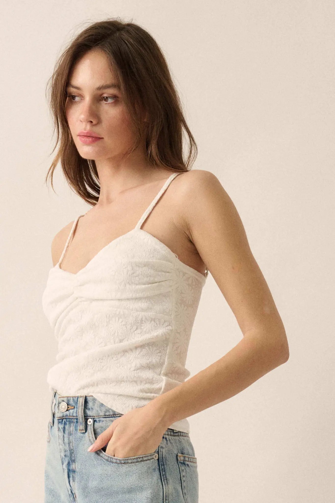 Pure Petals Floral Jacquard Ruched Cami Top