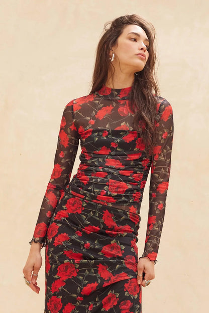 Blooming Love Ruched Floral Mesh Bodysuit
