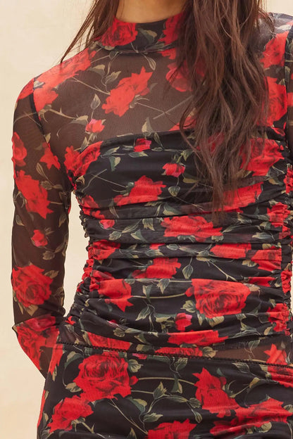 Blooming Love Ruched Floral Mesh Bodysuit