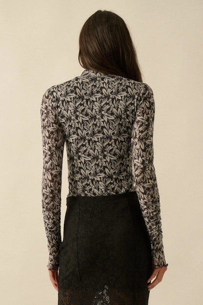 Pretty Petals Floral Mesh Mock-Neck Bodysuit