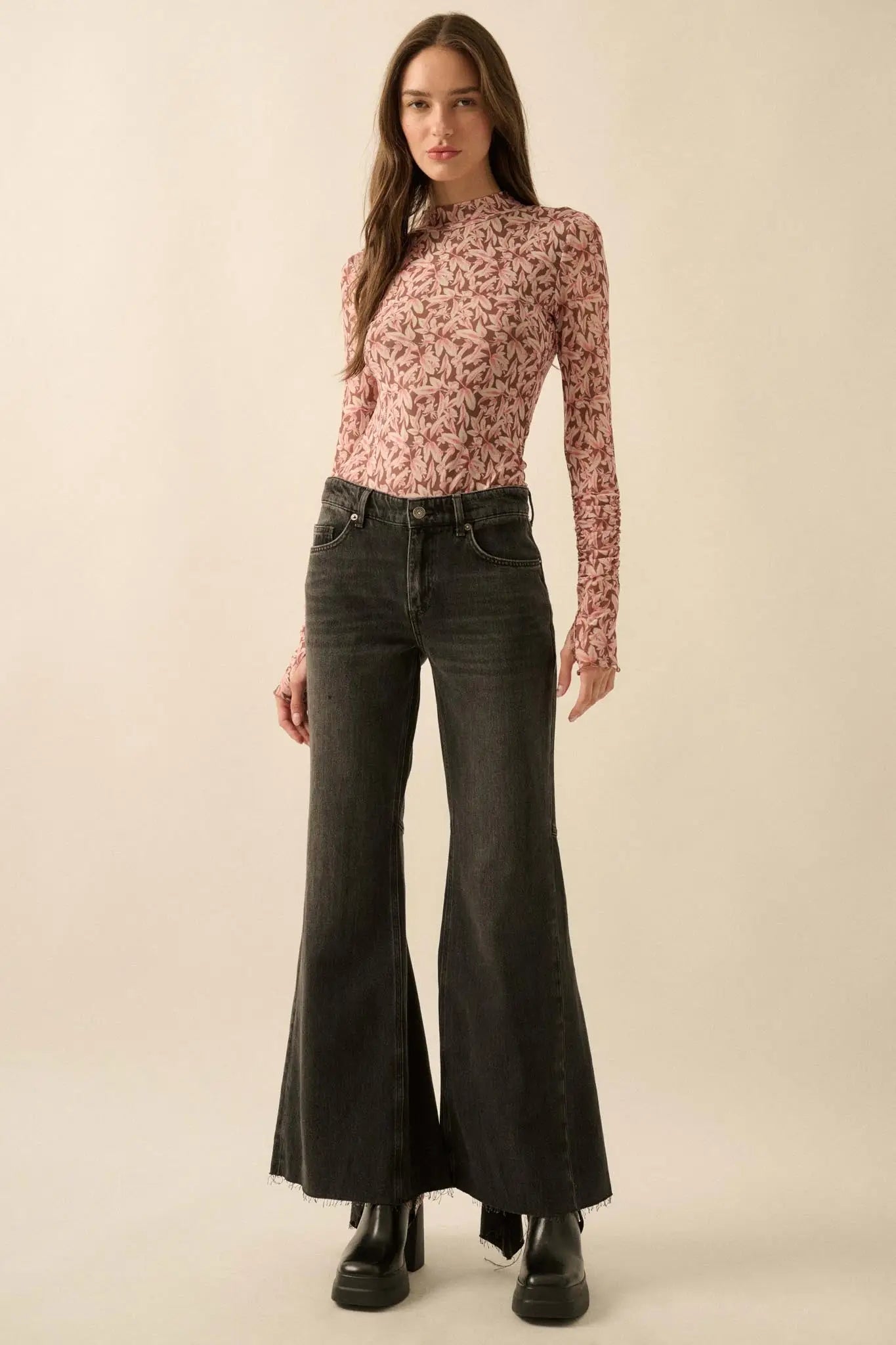 Pretty Petals Floral Mesh Mock-Neck Bodysuit