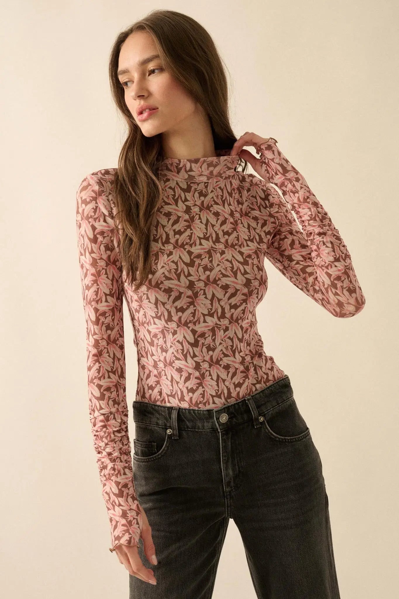 Pretty Petals Floral Mesh Mock-Neck Bodysuit