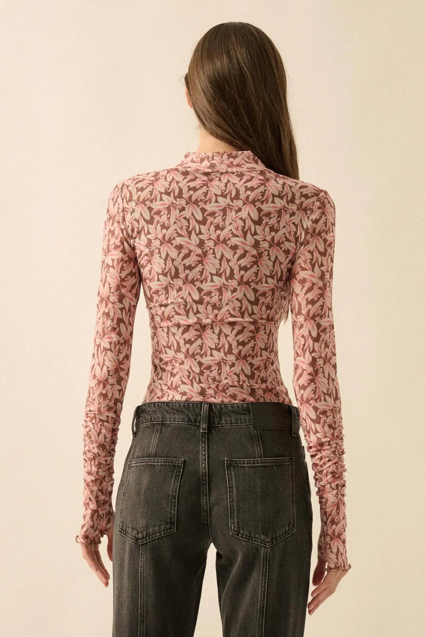 Pretty Petals Floral Mesh Mock-Neck Bodysuit