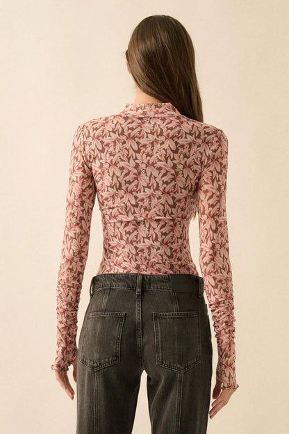 Pretty Petals Floral Mesh Mock-Neck Bodysuit