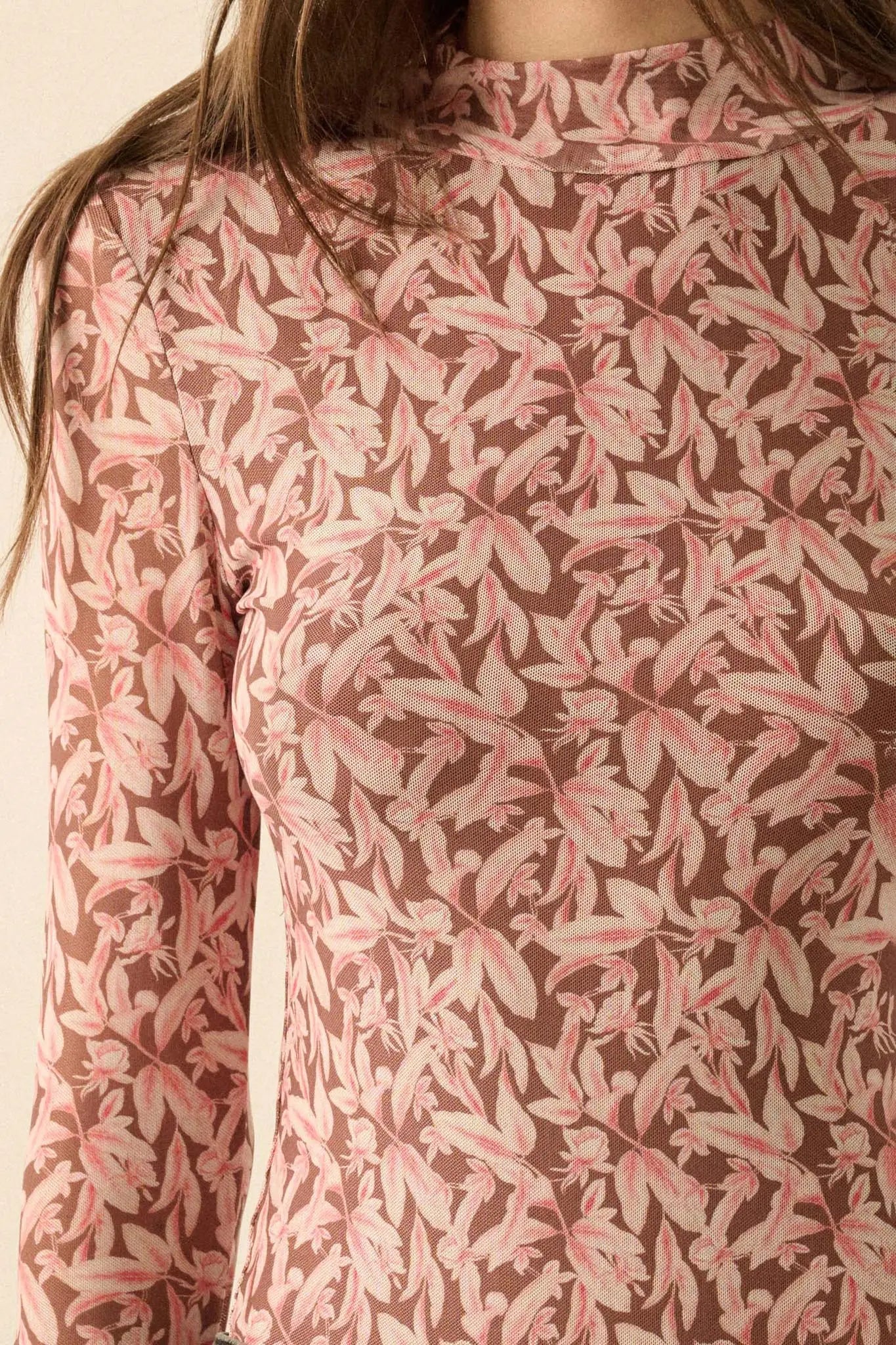 Pretty Petals Floral Mesh Mock-Neck Bodysuit