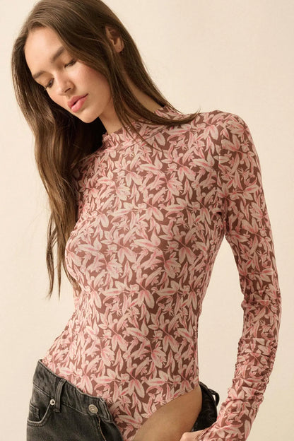 Pretty Petals Floral Mesh Mock-Neck Bodysuit