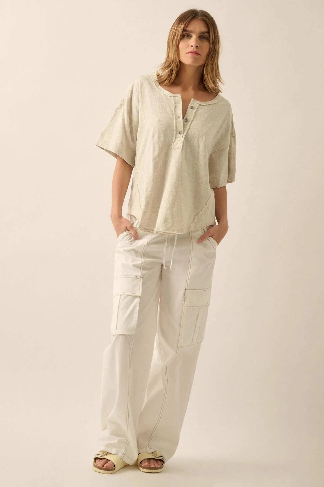 Easy Fit Vintage-Wash Exposed-Seam Henley Tee
