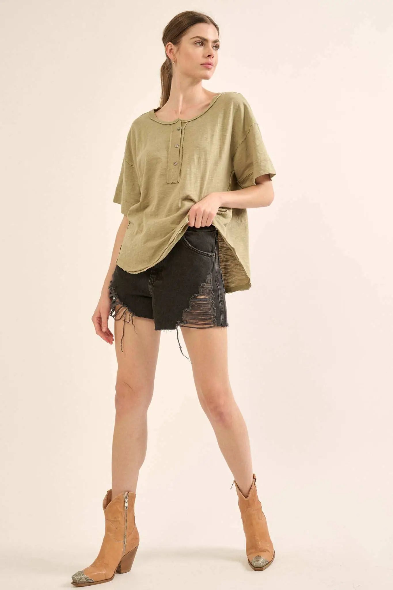 Easy Fit Vintage-Wash Exposed-Seam Henley Tee