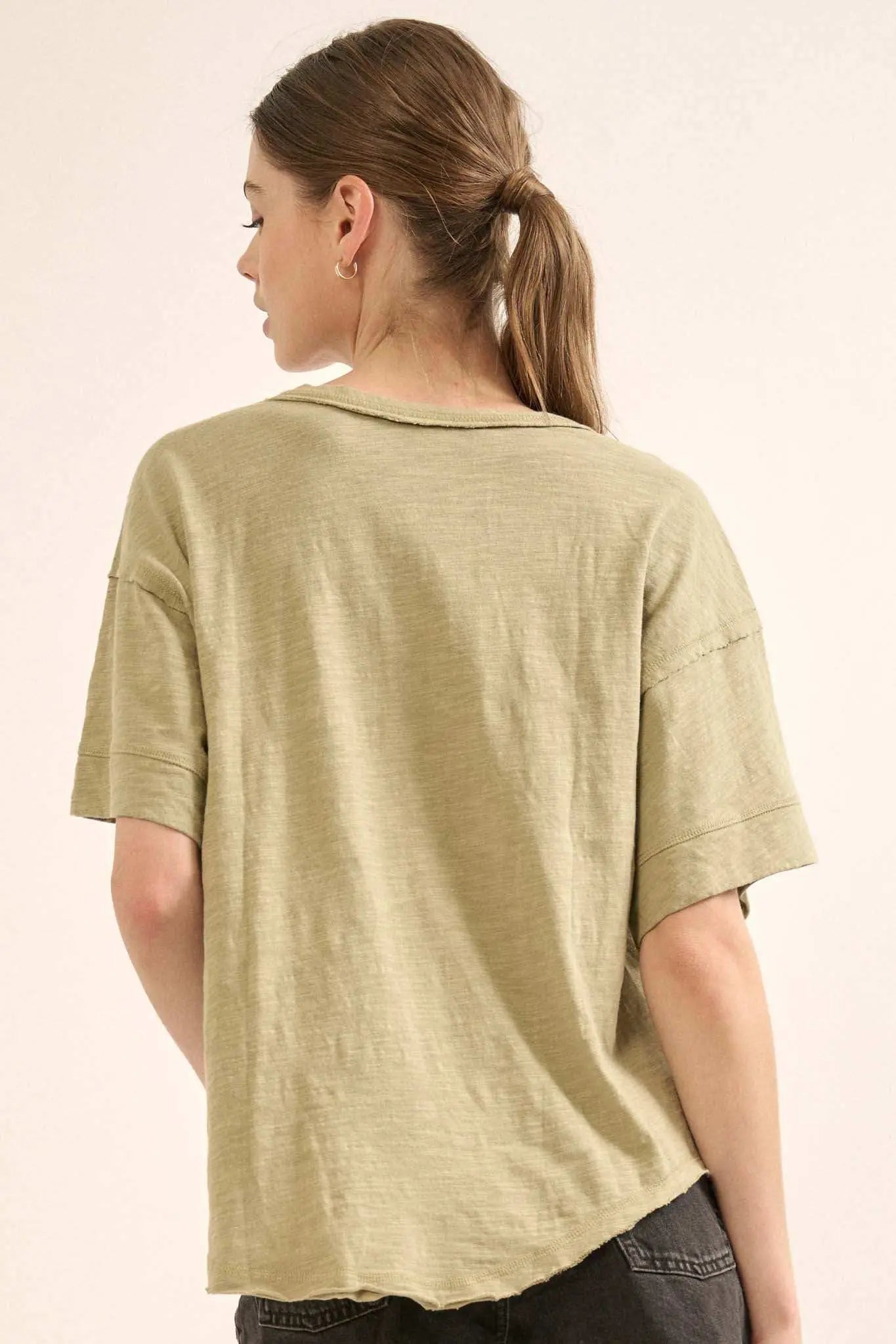 Easy Fit Vintage-Wash Exposed-Seam Henley Tee
