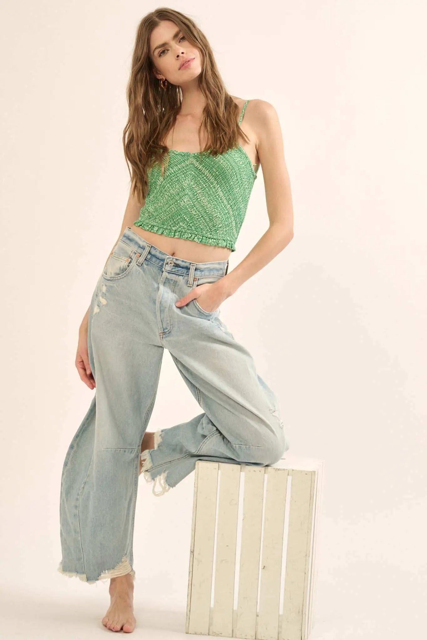 Ready to Roam Smocked Geo-Print Cropped Cami Top
