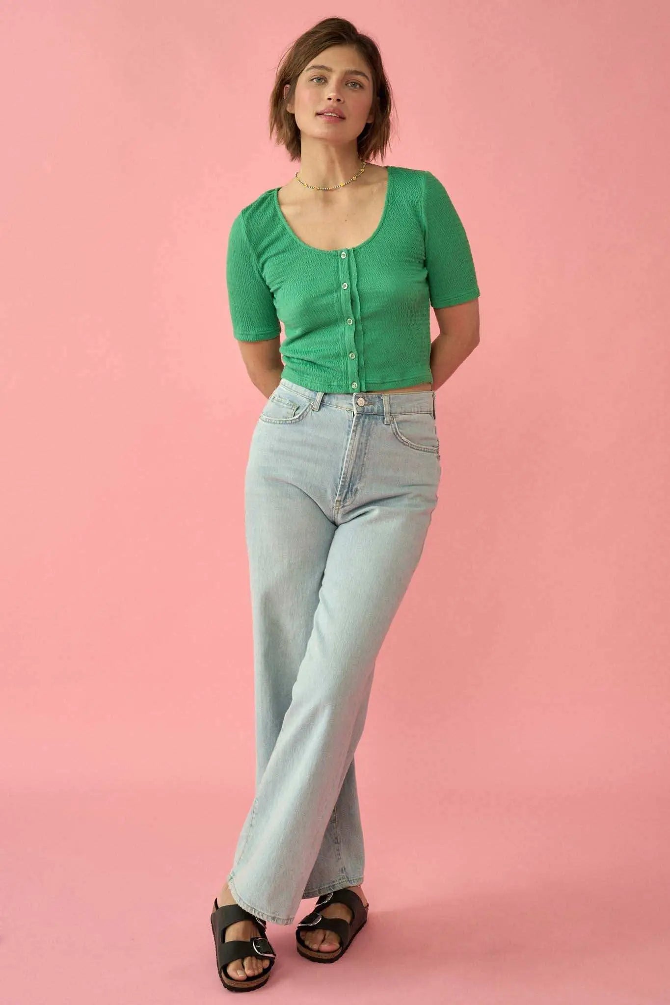 Promise the Label Smocked Jersey Button-Up Top