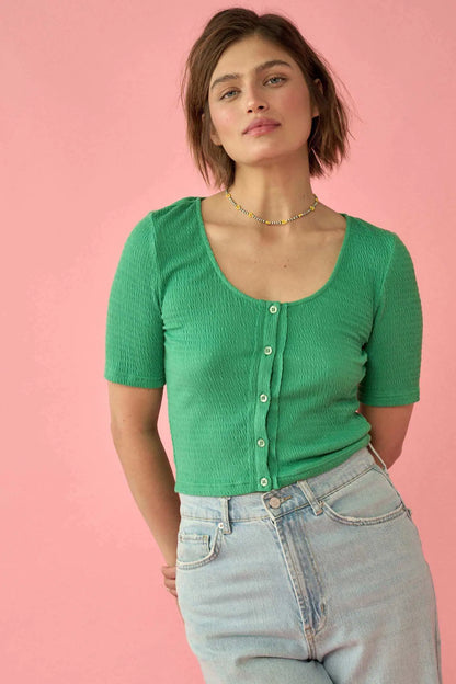 Promise the Label Smocked Jersey Button-Up Top