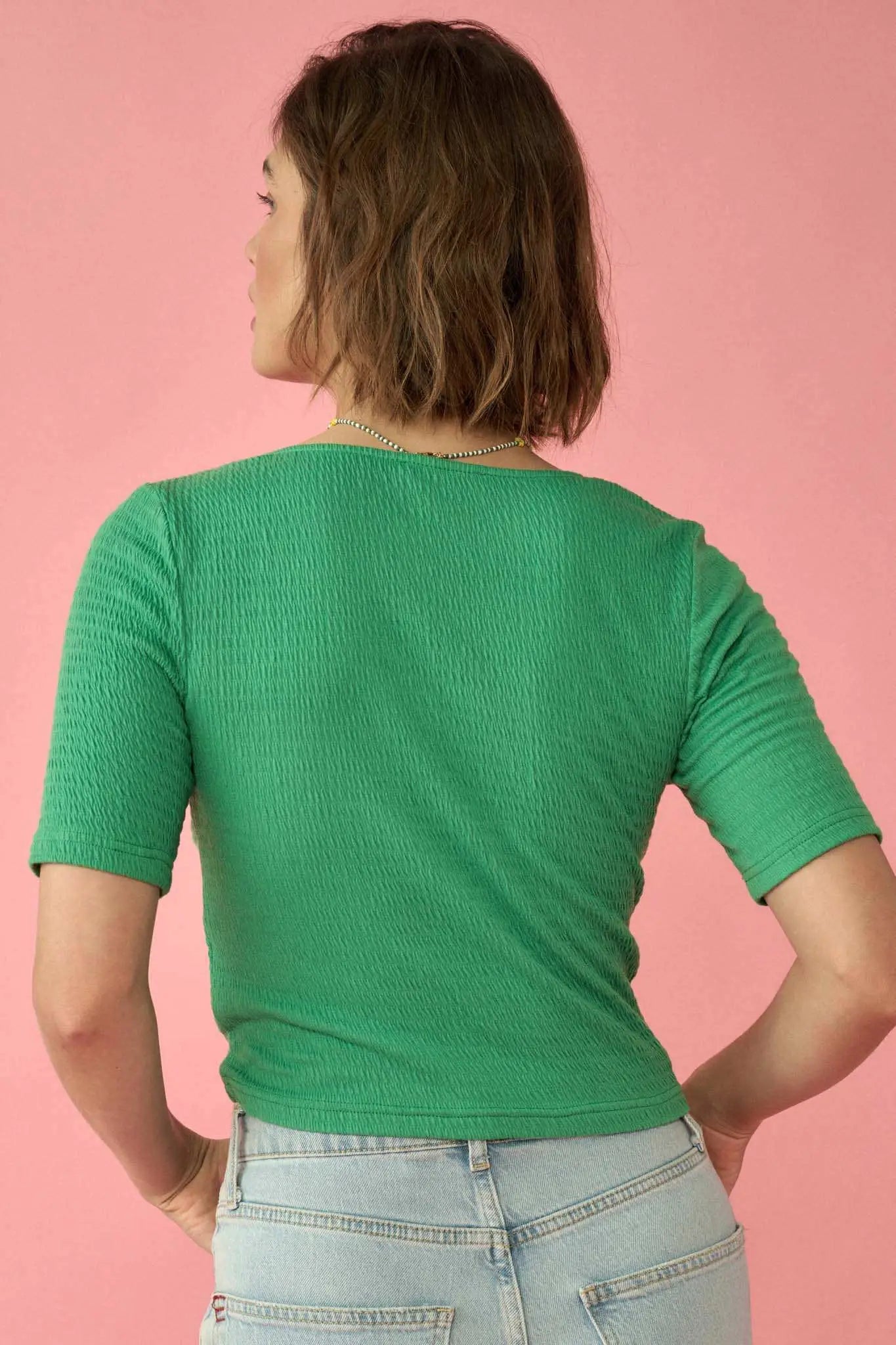 Promise the Label Smocked Jersey Button-Up Top