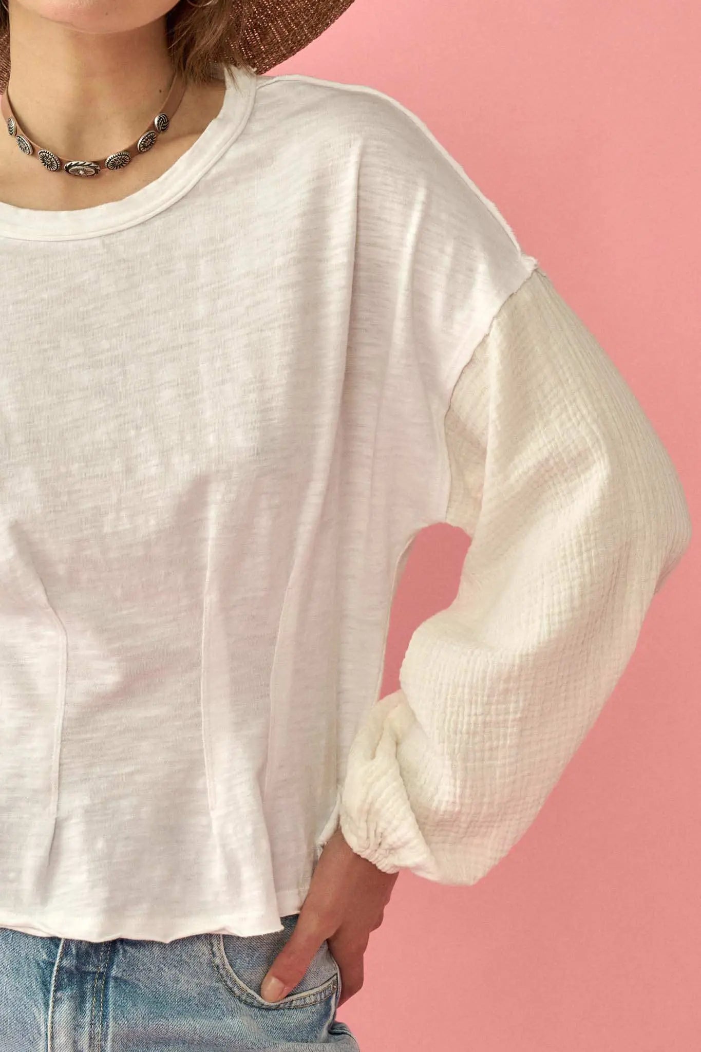Hopeful Heart Mixed Media Pleated Long-Sleeve Top